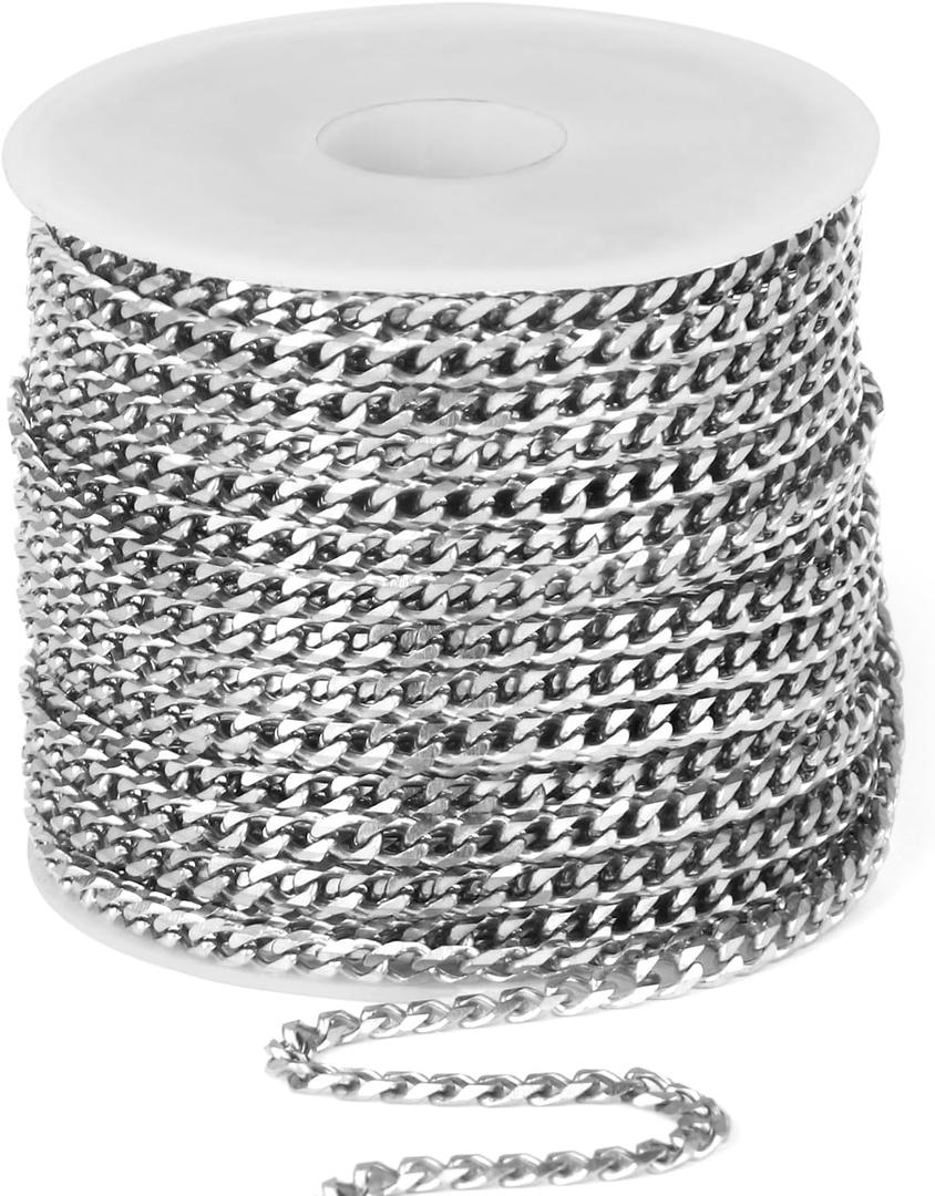 33FT Stainless Steel Cuban Chain Roll 3MM Width Diamond-Cut Curb Link Chains Spool Bulk for DIY Crafts Jewelry Making