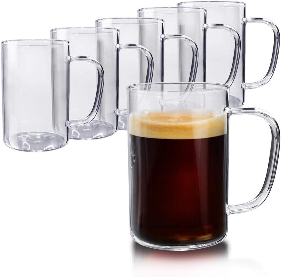Schliersee Glass Coffee Mugs Set of 6, 10 OZ Glass Tea Cups, Clear Transparent Thin Cup for Tea, Juice, Milk, Beer, Water Hot, Cold Beverages, 300 ml (Small (Pack of 6))