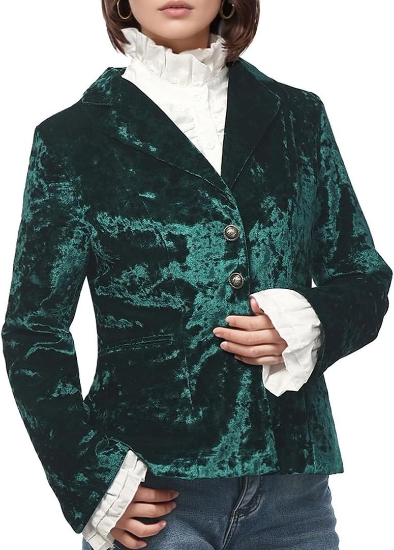 Women's Vintage Velvet Suit Jacket V-Neck Pocket Long Sleeves Dressy Coat Retro Casual Tops (X-Large, Green)