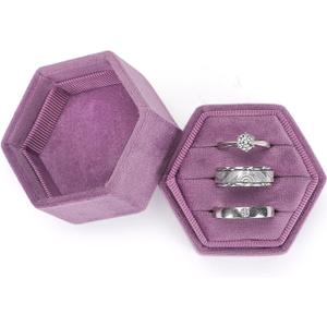 4 x WantGor Velvet Jewelry Ring Box, 3 Slots Hexagon Ring Gift Box Vintage Ring Display Holder Case for Wedding Ceremony Proposal Engagement (Purple, 3 Slots)