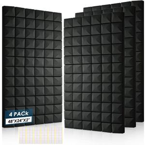 4 Pack Acoustic Panels, 48 x 24 x 2" Sound Proof Foam High Density Studio Wedge Tiles Fire Resistant Acoustic Panels for Home,Office, Recording Room, Studio (Black-4 Pack)
