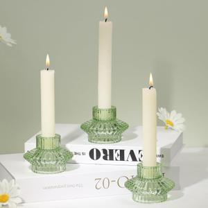 Reversible Candlestick Holders Set of 3, Green Glass Taper and Tealight Candle Holders for Table Centerpiece, Wedding, Party, Home Decor