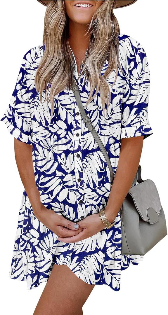 PYGFEMR Women's Short Sleeve Babydoll Dress Button Down Dresses with Pockets (Blue, M)