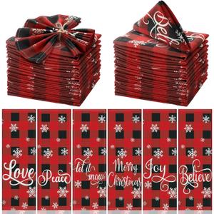 24 Pcs Christmas Plaid Cloth Napkins Buffalo Gingham 15 x 15 Inches Snowflakes Black and Red Checked Cotton Dinner Napkins Soft Absorbent Washable for Holiday Winter Xmas Party