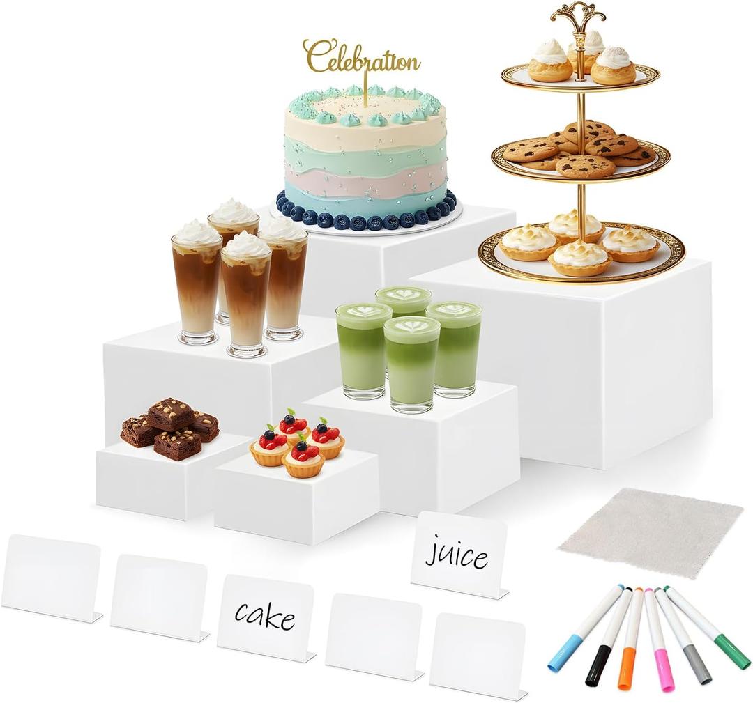 2-in-1 Reversible 6Pcs Buffet Risers With Mini Sign, Marker & Cleaning Cloth, Reusable Acrylic Food Display Stands for Buffet Table Party Catering, White Food Risers for Dessert Cake Treat