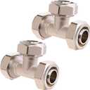 2PCS 3/4 Tee Air Piping Fittings, 3/4 Tubing x 3/4 Tubing x 3/4 Tubing, Brass-Nickel Plated, 200PSI Working Pressure, Air Line Fittings for Shop Garage Compressed Air Tube System