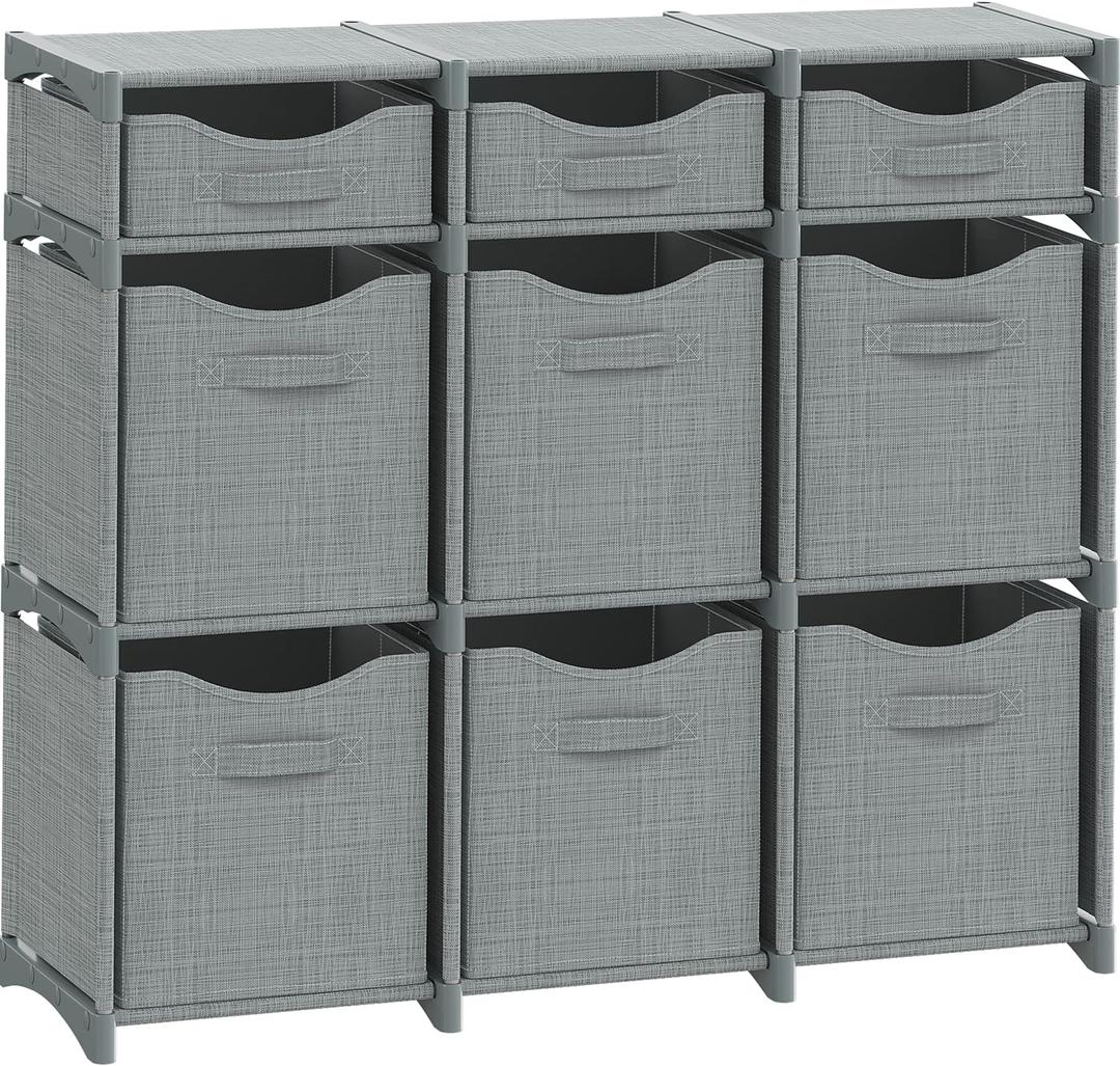 9 Cube Closet Organizers, Includes All Storage Cube Bins, Easy To Assemble Storage Unit With Drawers | Room Organizer For Clothes, Baby Closet Bedroom, Playroom, Dorm (Light Grey) (9 Cube with Handles)