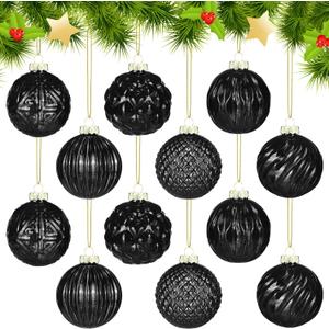 Jenaai 12 Pcs 2.36 Inch Black Glass Christmas Ball Ornaments Vintage Christmas Tree Decorations Mercury Glass Hanging Ornaments for Xmas Trees Party Garland DIY Craft Holiday Supplies, 6 Style