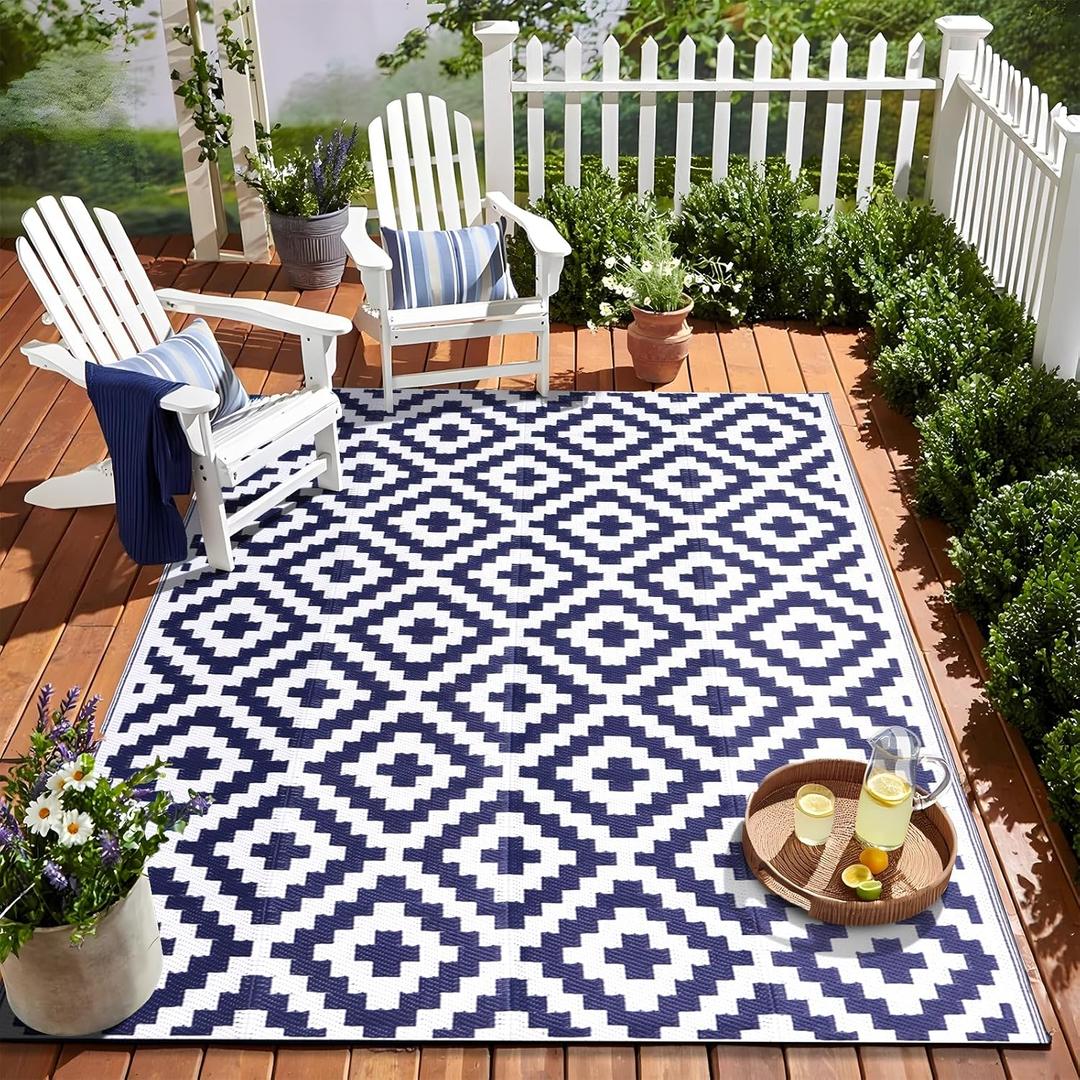 OLANLY Waterproof Outdoor Rug 5x8 ft, Outdoor Plastic Straw Rug for Camping, RV Mat Outside, Indoor Outdoor Carpet for Porch, Deck, Backyard, Balcony, Picnic, Navy & White