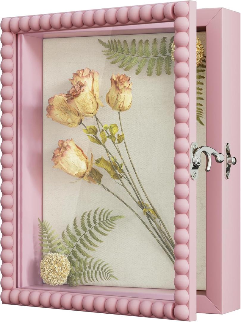 Love-KANKEI Shadow Box Frame 8x10,Wood Deep Shadow Box Display Case with Unique Beads Door and Glass Window, Memory Box Gift for Pictures,Medals,Memorabilia,Collections Pink
