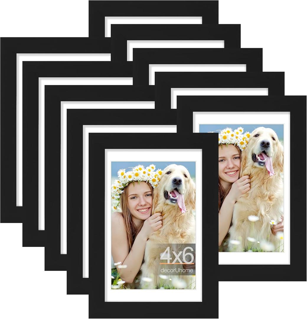 decorUhome 4x6 Picture Frame Set of 10, Display Photos 3.5x5 with Mat or 4x6 Unmatted for Picture Frames Collage Wall Decor, Black