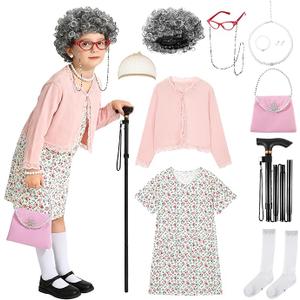 Old Lady Costume for Kids 100 Day of School Costume for Girls 100th Day of School Dress Up Grandma Wig Cane Outfit