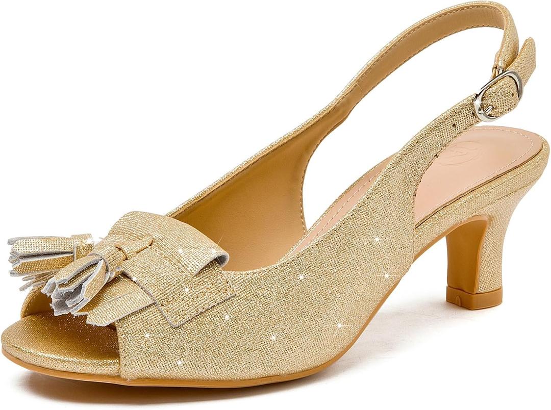 DADAWEN Women's Slingback Kitten Heels Tassels Peep Toe Pumps Wedding Party Dress Shoes (6, Gold)