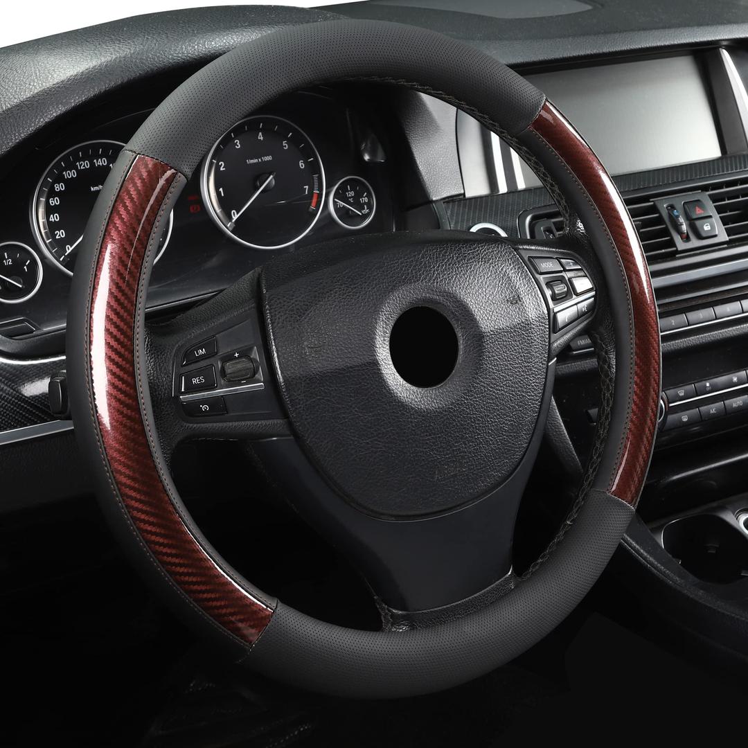 Microfiber Leather 15" Universal Fit Car Steering Wheel Cover, Elastic Breathable and Odorless, Black with Red Accent 