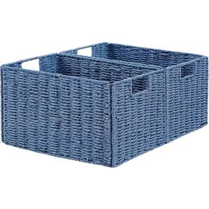 Vagusicc Wicker Storage Basket, Set of 2 Hand-Woven Paper Rope Wicker Basket, Small Storage Baskets for Organizing Toilet Paper Basket, Foldable Large Cube Storage Organizer Bins for Shelves (Blue)