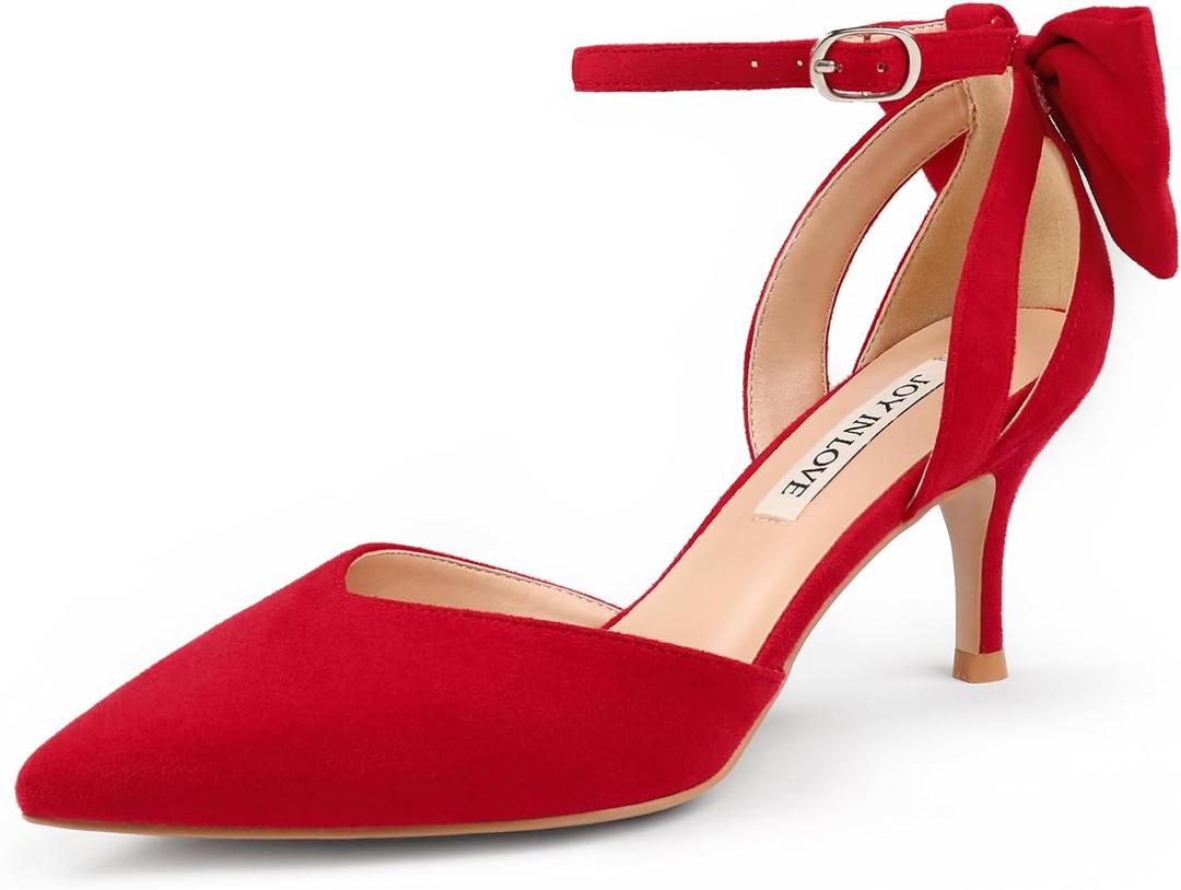 JOY IN LOVE Women's Pumps Kitten Bow Heels Closed Pointed Toe Sandals Ankle Strap Dress Shoes, Size 7.5