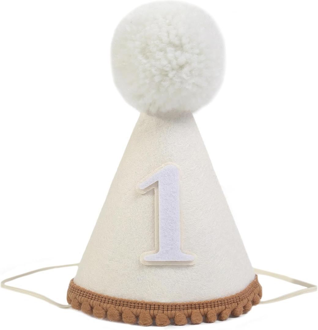 Boho First Birthday Celebration Hat - Natural Conical Cap with Milky White Color - Cake Smash Photo Prop, Best 1st Birthday Accessories