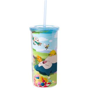 Silver Buffalo Pokemon Snorlax, Pikachu, Eevee, Charmander, Rowlet, Ribombee, Torchic, Hoppip, Pachirisu, Squirtle, Bulbasaur, Scorbunny, Petilil Plastic Tall Cold Cup with Lid And Straw, 20 Ounces