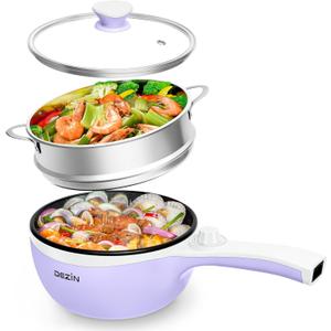 Dezin Hot Pot Electric with Steamer Upgraded, Non-Stick Saut Pan, Rapid Noodles Electric Pot, 1.5L Mini Pot for Steak, Egg, Fried Rice, Ramen, Oatmeal, Soup with Power Adjustment (Purple 2)