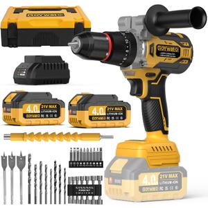 1239Inlbs Cordless Hammer Drill - 21V Brushless Electric Power Impact Drill Set w/ 2 x 4.0Ah Battery & 1/2" Self-Locking Metal Chuck & 42PCs Accessory for Drilling Wood Bricks Metal Concrete