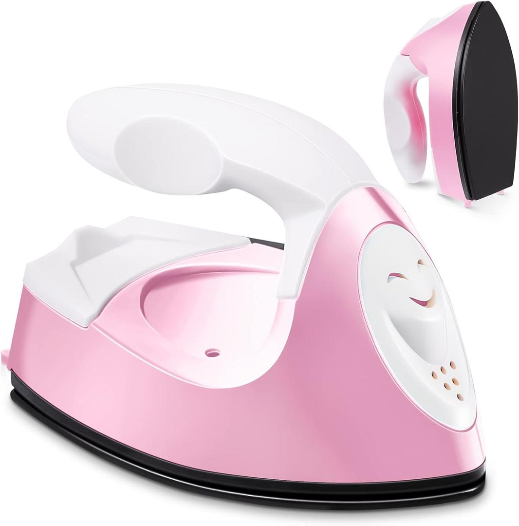 Honoson Mini Craft Iron Mini Heat Press Small Iron 3.93 x 2.36 x 2.76 in Portable Handy Tiny Flatiron with Charging Base Accessory for Fuse Bead Patch DIY Heat Transfer Vinyl(Light Pink)
