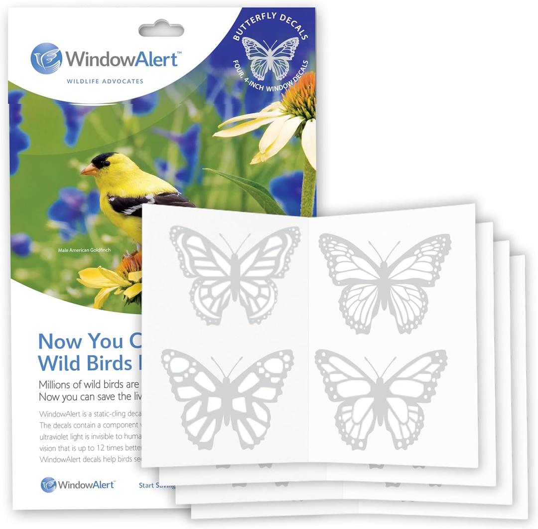 WindowAlert Butterfly Anti-Collision Decal 4 Pack - UV-Reflective Window Decal to Protect Wild Birds from Glass Collisions - Made in The USA