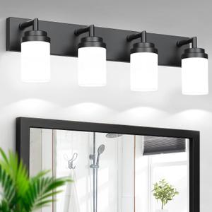 Bathroom Light Fixtures, Matte Black Bathroom Lighting Fixtures Over Mirror, Modern Vanity Light with White Glass Shade, Restroom Lighting Fixtures, 4-Light 30-inch