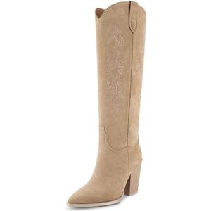ISNOM Women's Cowgirl Boots Pull On Knee High Boots, Cowboy Western Embroidered Chunky Block Heel Pointed Toes Boots, US 7