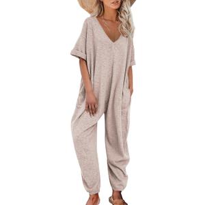 Nirovien Summer Outfits for Women V Neck Solid Color Jumpsuit Plus Size Overalls Baggy Romper Jumpers(Dark Apricot, S)