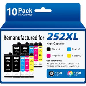 Remanufactured Ink Cartridges Replacement for Epson 252XL T252XL Ink Cartridges Combo Pack (10 Pack) for Workforce WF-3640 WF-3620 WF-7720 WF-7710 WF-7620 (4 Large Black, 2 Cyan, 2 Magenta, 2 Yellow)
