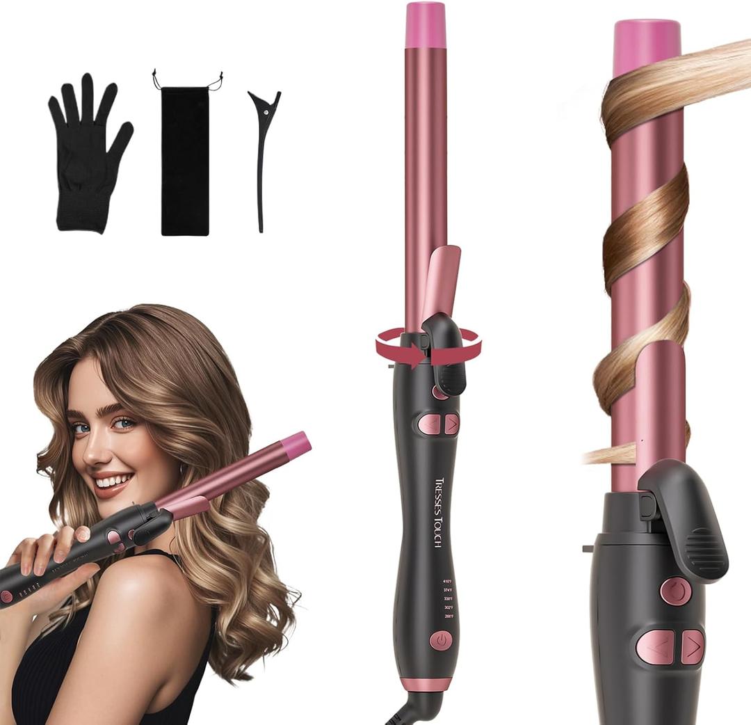 Extra-Long Barrel Rotating Curling Iron with Short Clamp, Automatic Curling Iron 1 Inch Creates Loose Curls for Medium and Long Hair, High Heat 410F, Instant Heat up, Double Ceramic, Dual Voltage