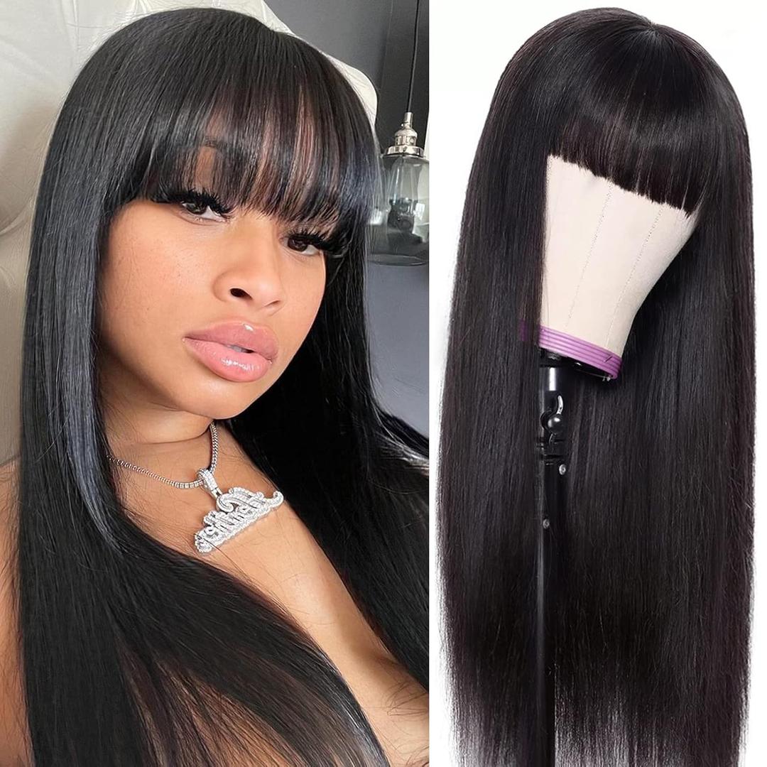 Lativ Straight Human Hair Wigs With Bangs Virgin Brazilian None Lace Front Human Hair Wigs 150% Density Glueless Machine Made Wigs For Black Women (18 Inch, Straight)