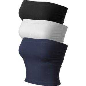 MixMatchy Women's 3 Pack Casual Summer Ruched Side Backless Double Layered Tube Top with Built in Shelf Bra (Large, 3pack - Black/White/Navy)