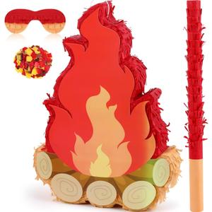 Small Camping Campfire Piata Fake Flame Party Birthday Party Decoration Camping Adventure Baby Shower Photo Props with Wooden Stick Paper Confetti Set for Kids Boys and Girls,16.1 x 10.2 x 2.8 Inch