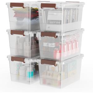 WYT 6 Pack 17qt Clear Plastic Storage Bin with Lid and Latching Buckles, Stackable Tote Organizing Box with Handle
