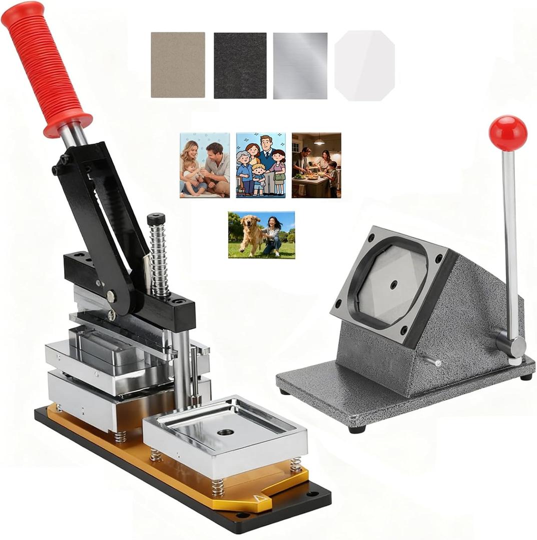 2.5x3.5 in Professional Refrigerator Magnet Making Machine, DIY Rectangle Photo Fridge Magnet Press Kit with 200 Sets Supplies, 100 Sheets Photo Paper & Paper Cutter, Metal Construction