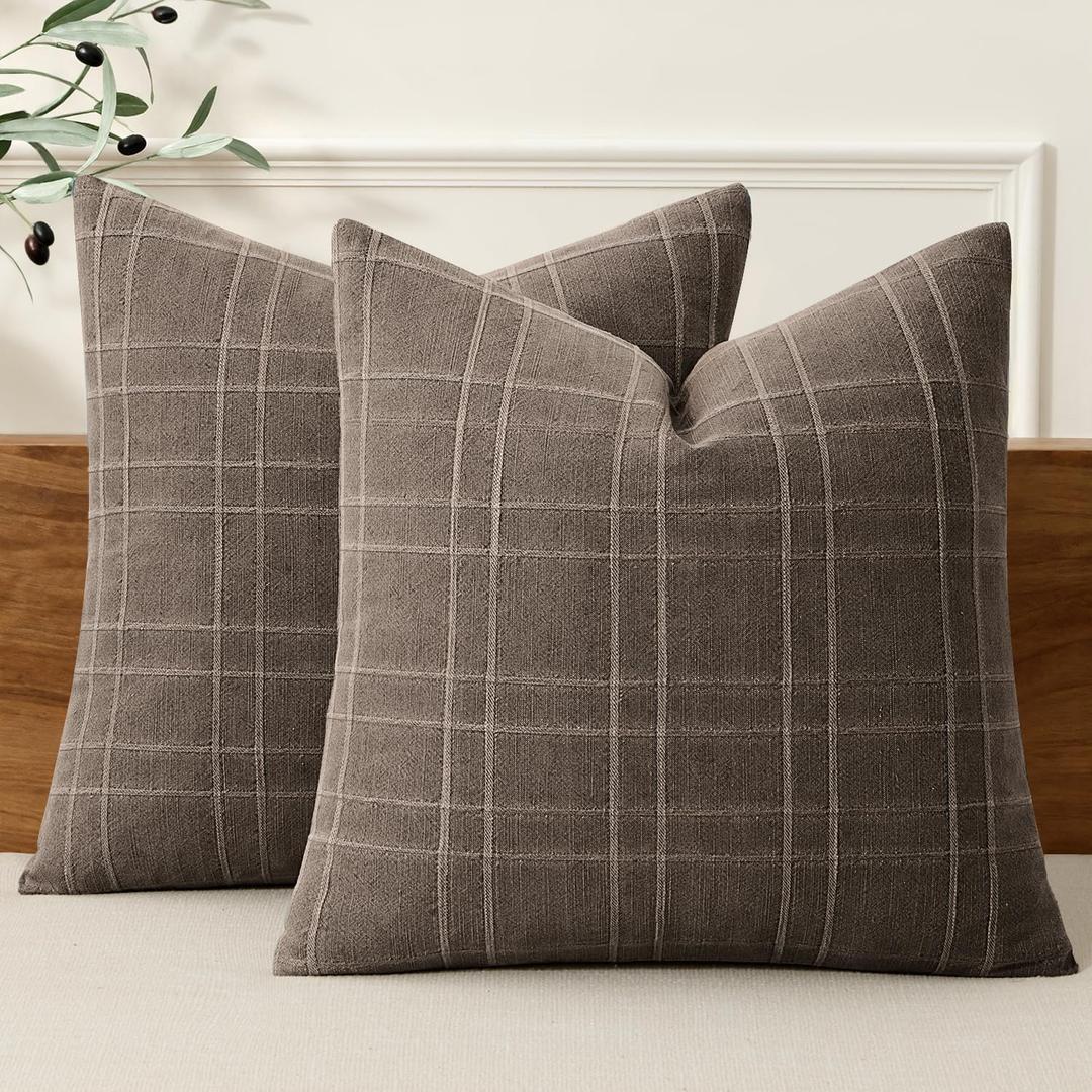 MIULEE Decorative Linen Check Euro Shams Throw Pillow Covers Neutral Farmhouse Vintage Pillow Covers 24x24 Set of 2 Boho Modern Winter Home Decor for Sofa Couch Bedroom Cushion Brown