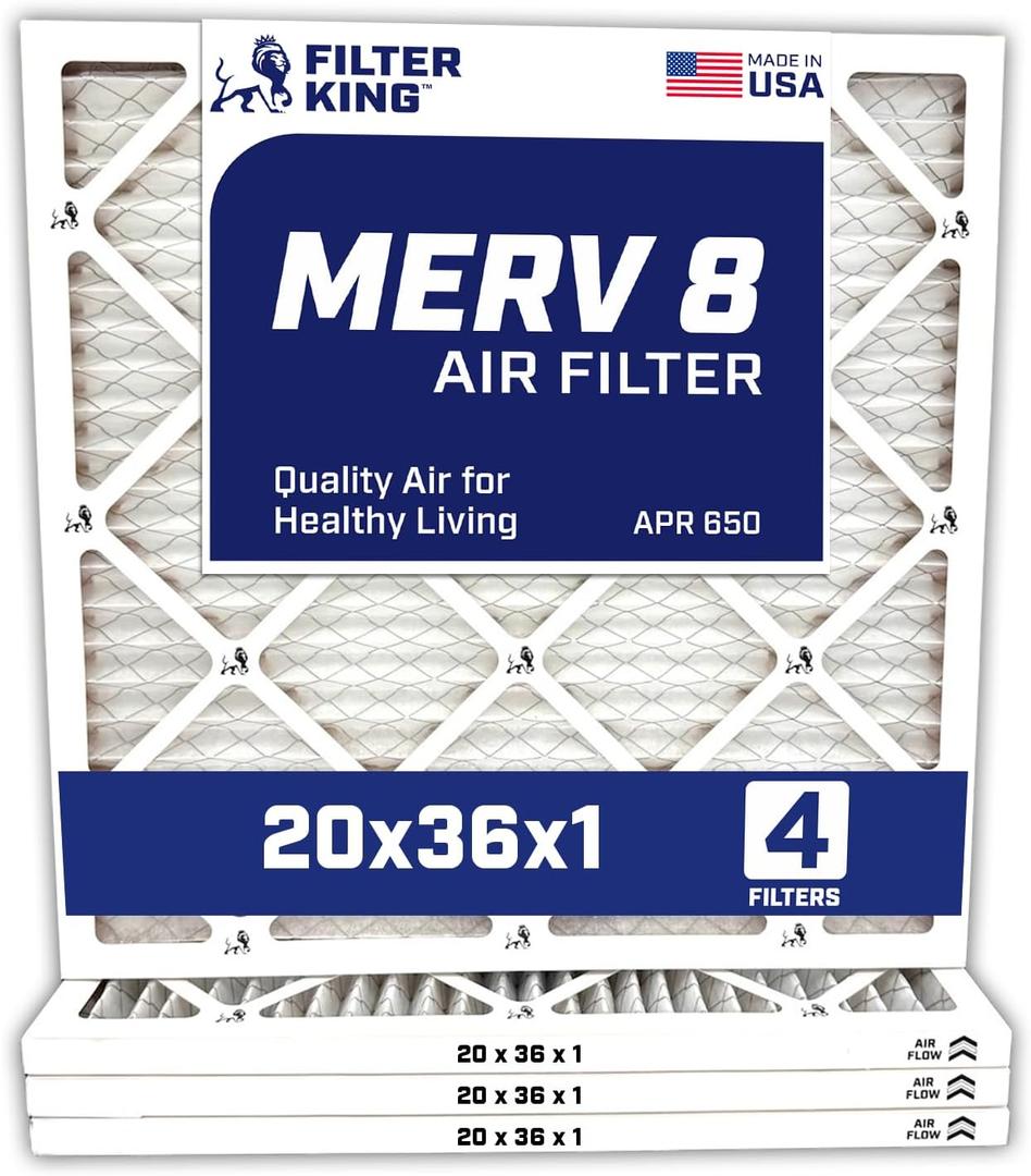 Filter King 20x36x1 Air Filter | 4-PACK | MERV 8 HVAC Pleated A/C Furnace Filters | MADE IN USA | Actual Size: 19.5 x 35.5 x .75"