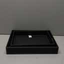 Juvale 2 Pack Slip-Resistant Black Wooden Nesting Serving Trays with Stitched Faux Leather and Handles for Coffee Table in 2 Sizes (13.8x9.9x2.3, 15.8x12x2.5 in)
