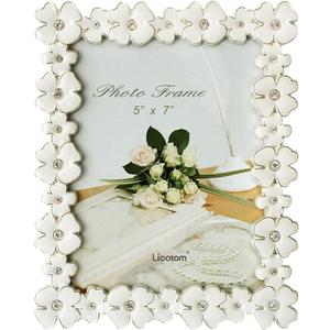 Licotom Metal Picture Frame Silver Plated with Ivory White Enamel and Crystals, Lovely Flowers Photo Frame 5x7 Inch