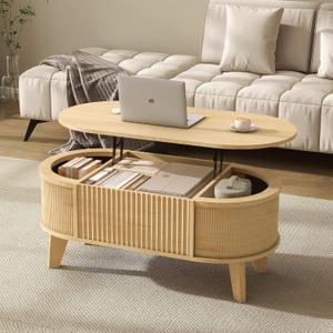 LYNCOHOME Fluted Lift Top Coffee Table with Hidden Compartment, Modern Oval Coffee Table for Living Room, Home Office, Natural