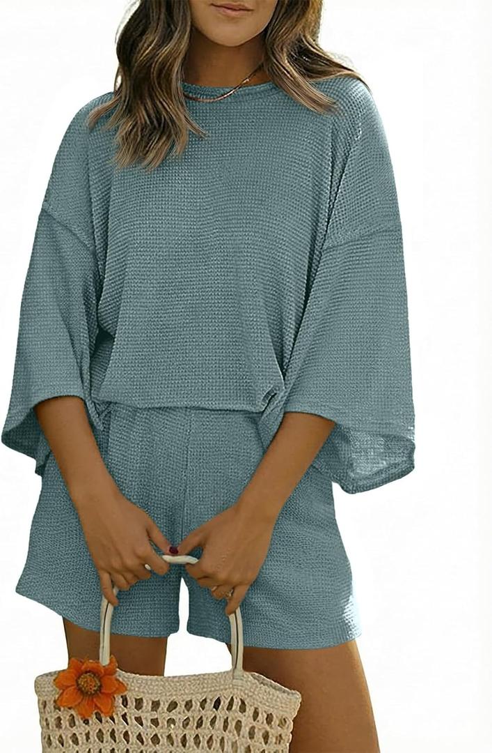Tankaneo Womens Short Sets 2 Piece Outfits 3/4 Sleeve Tops and Elastic Waist Shorts Lounge Set Casual Loungewear (X-Large, Sea Blue)