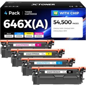 646X 646A Toner Cartridge Set 4-Pack High Yield Replacement for 646X 646A CE264X CF031A CF032A CF033A Compatible with HP Color LaserJet Enterprise CM4540 MFP CM4540f MFP CM4540fskm Printer Ink Copier