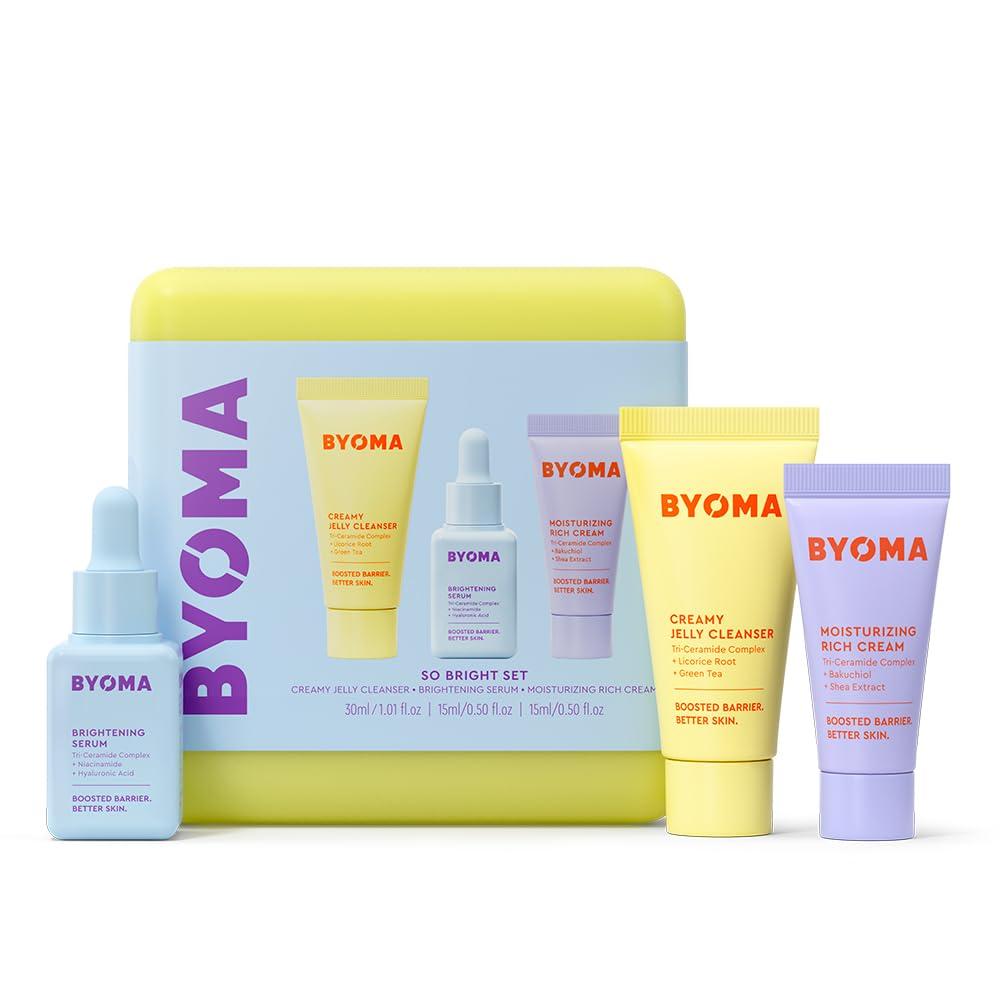 BYOMA So Bright Set - Barrier Repair Skincare Set for Brighter Skin - Creamy Jelly Cleanser, Brightening Face Serum & Ceramide Face Moisturizer - Alcohol Free Skin Care - 30ml, 15ml, 15ml