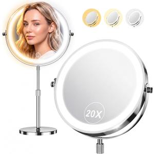 Makeup Mirror with Lights, 1x/20x 360 Rotation Vanity Mirror, Brightness Adjustable Lighted Makeup Mirror with Magnification, 5000 mAh Rechargeable Double Sided Mirror with 3 Colors, Gift for Women (Chrome)
