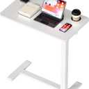 Adjustable Bedside Table with Swivel Hidden Wheels Pneumatic Rolling Desk Mobile Standing Desk with Cup Holder for Hospital Home(27.6"x15.8" White)