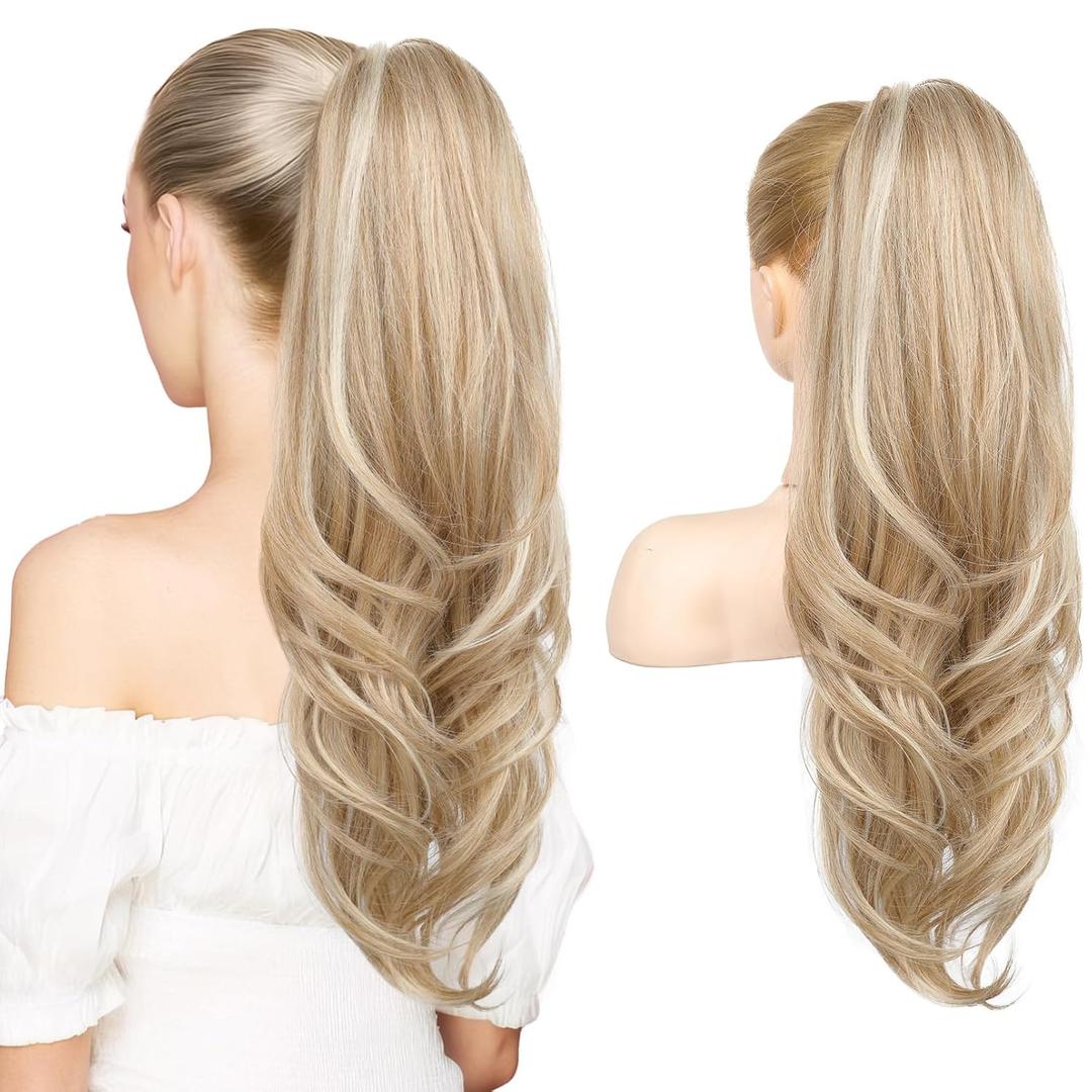 SEIKEA Versatile Drawstring Ponytail Extension, 26" Long Wavy Multi Layered Clip in Ponytail Hair Extensions Stand Up High Fake Pony Tail Soft Natural Synthetic Hairpiece Dark Blonde/White Blonde