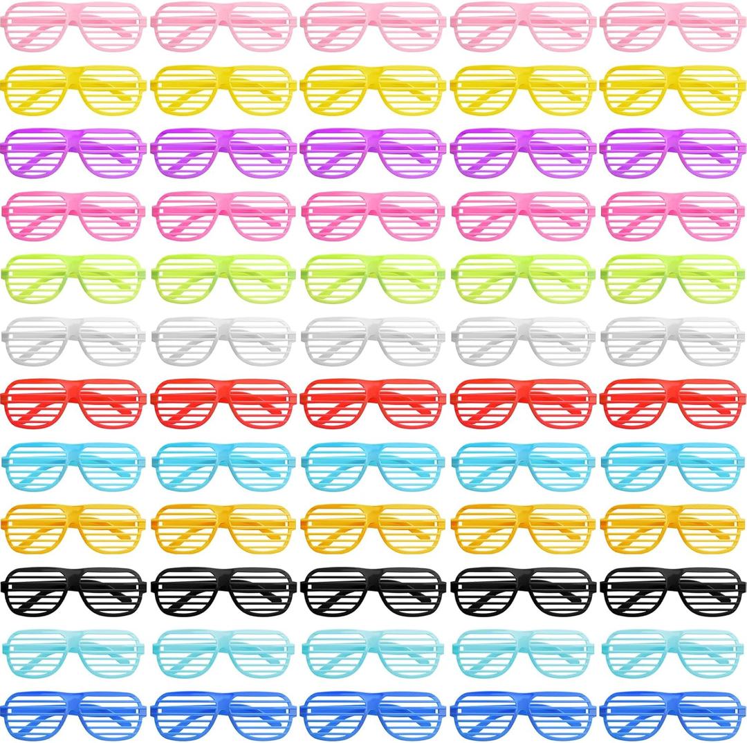 Maitys 100 Pack Plastic Shutter Shades Glasses, 80's Style Slotted Shutter Sunglasses Neon Color for Party Birthday Favors(Red, Green, Royal Blue, Black, Pink, Purple Light Pink, White, Blue, Light Blue, Light Yellow, Yellow)