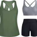 HUSKARY 3 Piece Tankini Swimsuits for Women Swim Tank Top with Bra and High Waist Boy Shorts with Pockets, 16W