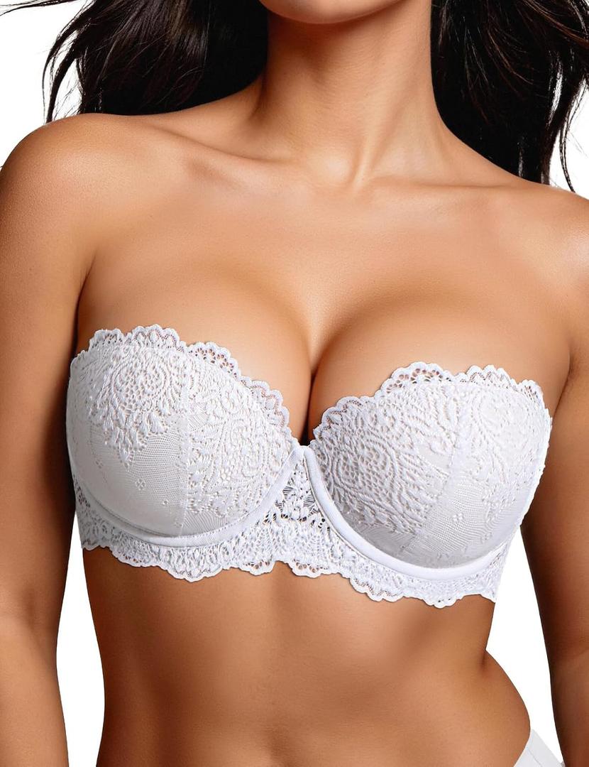 Push Up Strapless Bra with Clear Straps Heavily Padded Add 2 Cup Multiway Sexy Lace Balconette,32B
